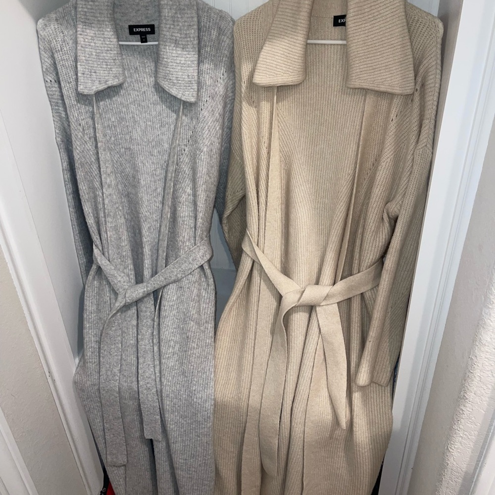 Express Gray and Cream Belted Cardigans